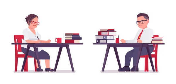 Gordo do sexo masculino, escriturário do sexo feminino trabalhando com livros, sentado na mesa —  Vetores de Stock