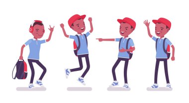 Sıradan giyinen siyah okul çocuğu, olumlu duygular.