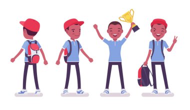 Sıradan giyinen siyah okul çocuğu elinde kupa ile ayakta duruyor.