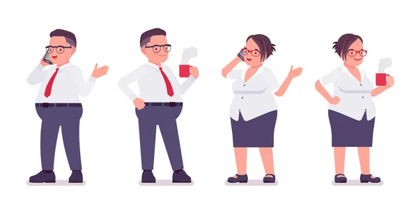 Gordo masculino, feminino escriturário stand com caneca, telefone — Vetor de Stock