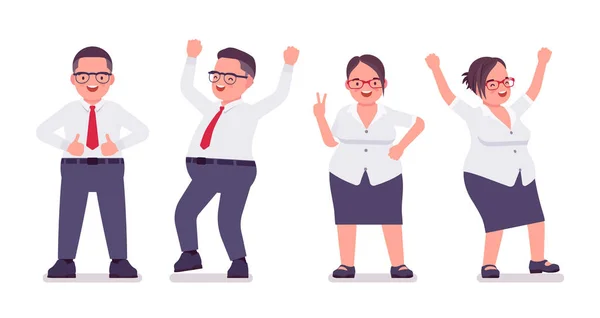 Hombre gordo, empleada femenina, emociones positivas — Vector de stock