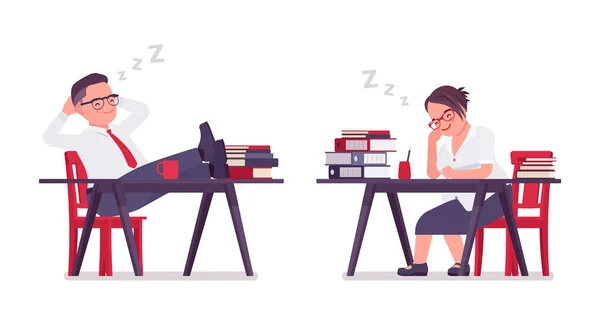 Gorda empleada masculina y femenina durmiendo, descansando en el escritorio — Vector de stock