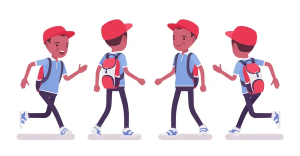 Black school boy en tenue décontractée marche, course — Image vectorielle