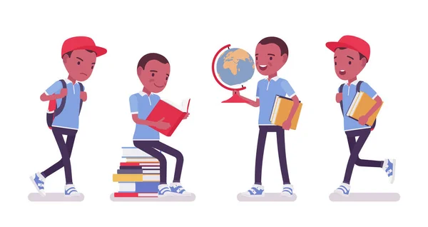 Zwarte schooljongen in casual kleding studie met boeken, wereldbol — Stockvector