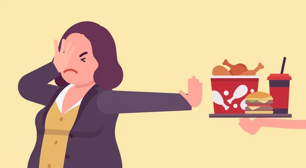 Junk fast food refusal, woman restricting herself — 스톡 벡터