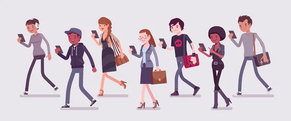 Зомби ходячие люди, отвлекающиеся пешеходы, зависимые от смартфона — стоковый вектор