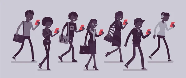 Зомби ходячие люди, отвлекающиеся пешеходы, зависимые от смартфона — стоковый вектор