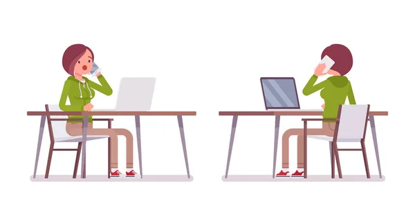 Young woman wearing hoodie sitting, working with laptop at desk — 스톡 벡터