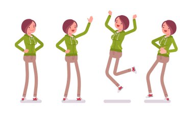 Olumlu duygular içinde kapüşon giyen genç bir kadın.