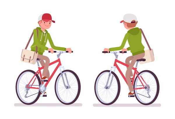 Joven con una sudadera con capucha en bicicleta — Vector de stock