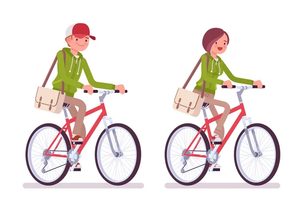 Joven hombre y mujer con una chaqueta con capucha montar en bicicleta — Vector de stock