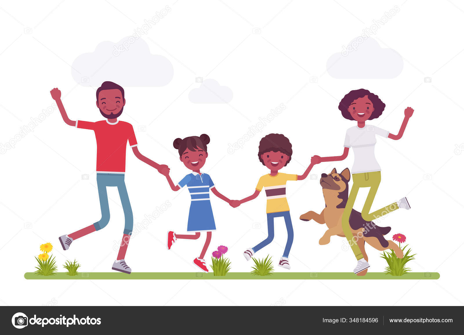 Image vectorielle Heureuse famille noire profiter du temps avec les enfants  et un animal de compagnie par ©Andrew_Rybalko - 348184596, image size:1600x1156