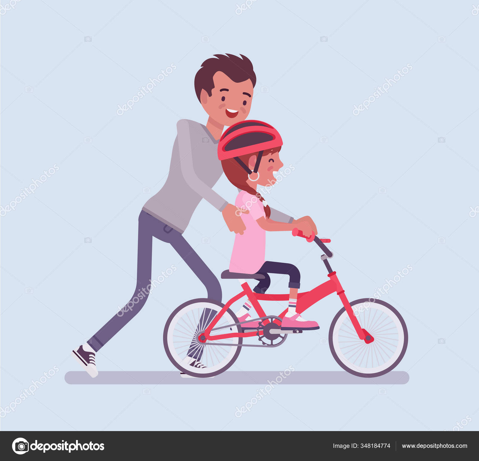 Learning To Ride A Bike Cartoon Father Guiding Daughter Riding