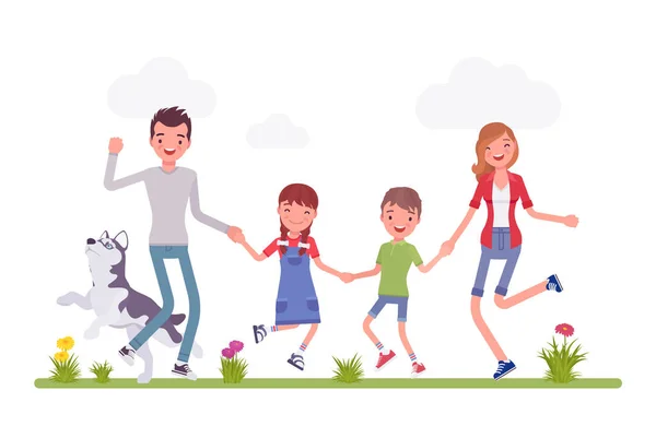 Familia feliz disfrutando del tiempo con los niños y una mascota — Vector de stock