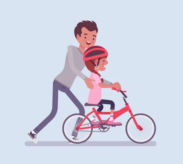 Pai guiando filha andando com segurança uma bicicleta — Vetor de Stock