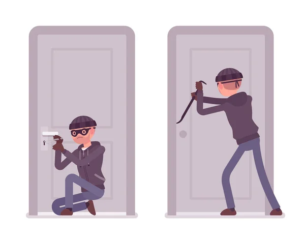 Thief trying to break into the door — Stock Vector