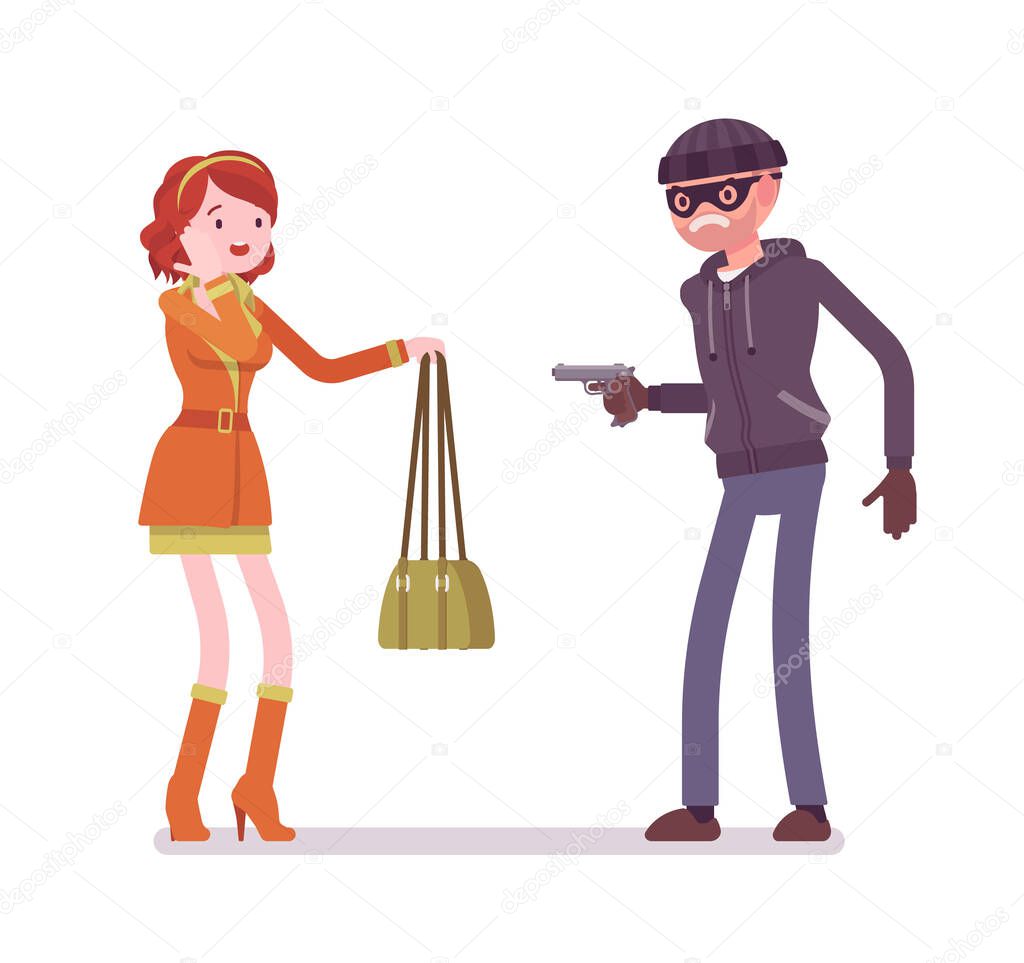 Purse snatcher, thief grabbing a girl, threatening with a gun