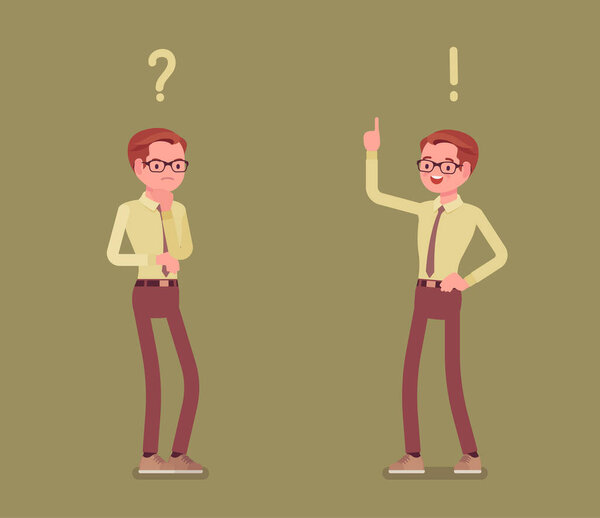 Проблема и решение, человек думает вопросом, восклицательные знаки
