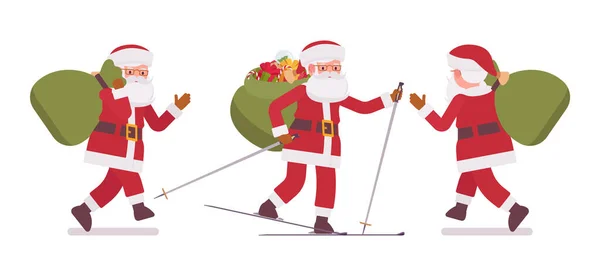 Санта Клаус, батько Різдвяний лижний спорт з важкою сумкою з подарунками — стоковий вектор