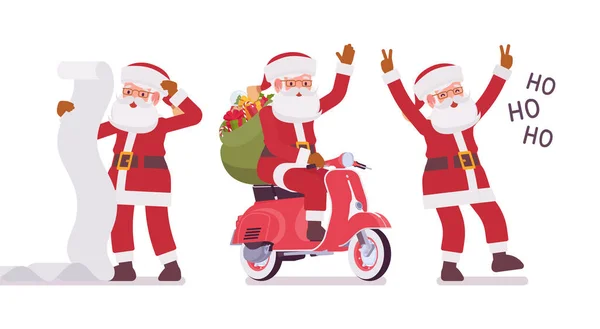 Weihnachtsmann, Weihnachtsmann auf Motorrad, lachend ho — Stockvektor