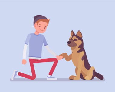 Evcil köpeği olan çocuk.