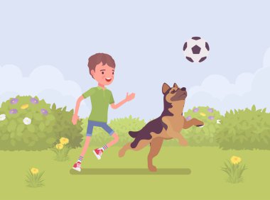 Mutlu çocuk dışarıda evcil bir köpekle oynuyor.