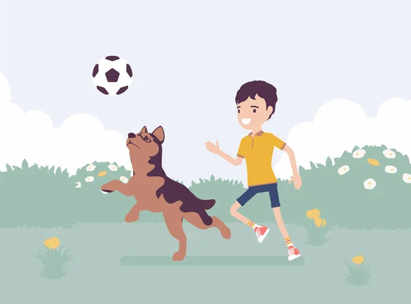 Niño feliz jugando con un perro mascota amigo al aire libre — Vector de stock