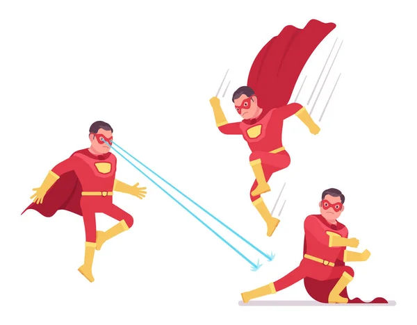 Hombre super héroe en traje rojo clásico, poses de ataque — Vector de stock