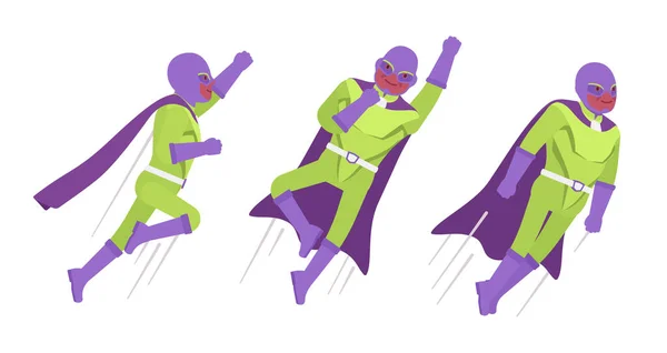 Masculino super herói em traje clássico, voando pose —  Vetores de Stock