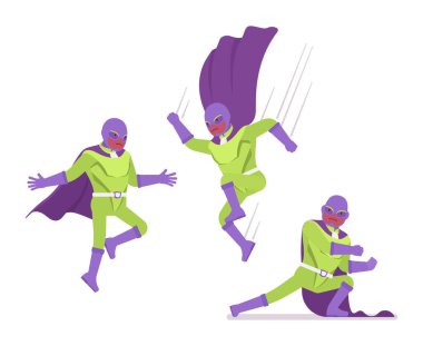 Parlak kostümlü erkek süper kahraman, saldırı pozları veriyor.