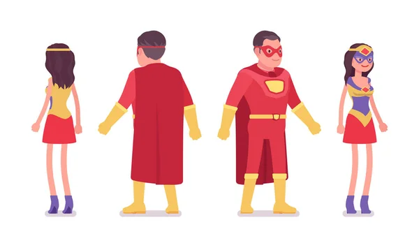 Hombre y mujer super héroe en traje rojo atractivo de pie — Vector de stock