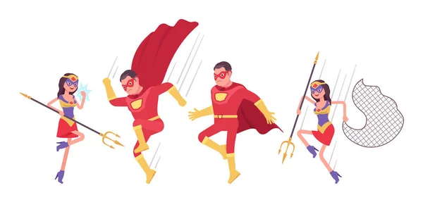 Männlicher, weiblicher Superheld mit Waffen im Kostüm, Sprungattacke — Stockvektor
