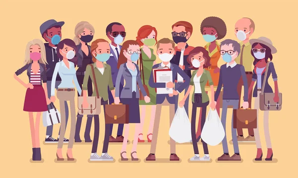 Gruppe verschiedener Menschen mit medizinischen Einweg-Gesichtsmasken — Stockvektor