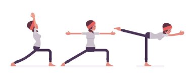Genç sporcu yogi kadını yoga yapıyor, savaşçı pozu veriyor.