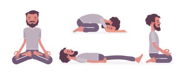 Yoga pratiği yapan genç bir yogi adamı restoratif ve oturaklı pozlarda.