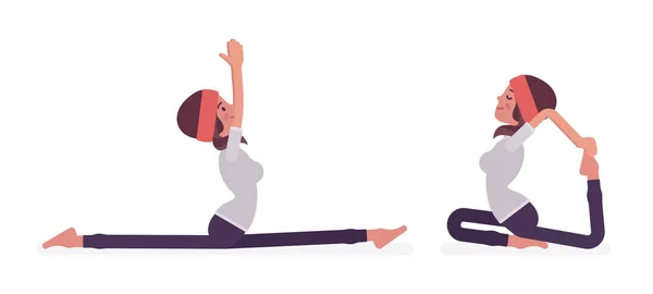 Mujer practicando yoga, Dios Mono, Una pata Rey Paloma posa — Vector de stock