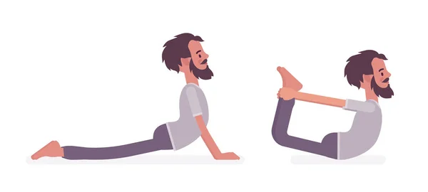Yoga yapan genç Yogi adam, Kobra ve Yay egzersizi yapıyor. — Stok Vektör