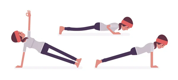 Vrouw die yoga beoefent, Push en press ups doet, plank poseren — Stockvector