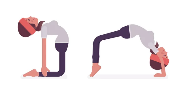 Ung sportig yogi kvinna som utövar yoga, Kamel och bro poser — Stock vektor