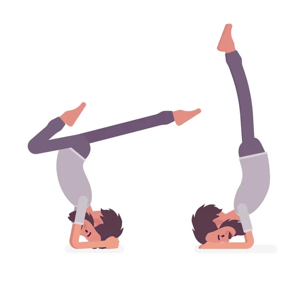 Yoga yapan, amuda kalkıp poz veren genç bir yogi. — Stok Vektör