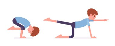 Yoga yapan, eşek ve turna pozu veren genç, sportif yogi adamı.