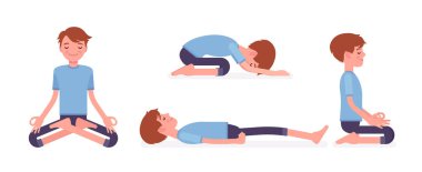 Yoga pratiği yapan genç bir yogi adamı restoratif ve oturaklı pozlarda.