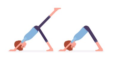 Yoga yapan genç sporcu Yogi adam, köpek pozuna doğru eğiliyor.