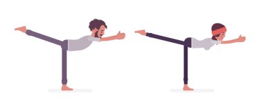 Genç Yogi adam, yoga yapan kadın, Savaşçı III pozu.