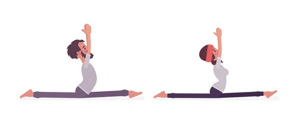 Jonge yogi man, vrouw die yoga beoefent, Monkey God pose — Stockvector