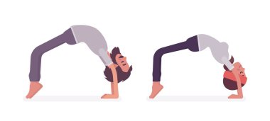 Genç yogi adam, yoga yapan kadın, briç pozu.