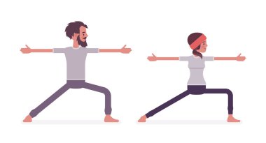 Genç Yogi adam, yoga yapan kadın, Savaşçı II pozu.
