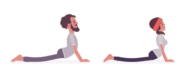 Ung yogi man och kvinna som utövar yoga, Cobra pose — Stock vektor