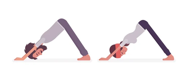 Jonge yogi man, vrouw die yoga beoefent, neerwaarts gerichte hond pose — Stockvector