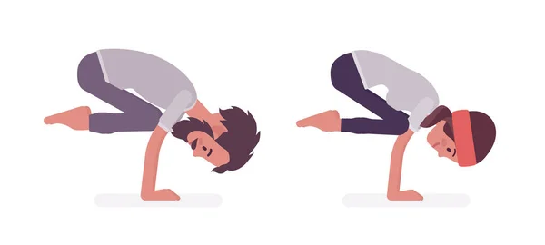 Joven yogui hombre y mujer practicando yoga, pose Grulla — Vector de stock